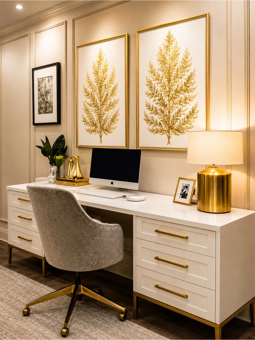 Gold Foil Leaf Wall Art Set of 2 Quiet Luxury Cream Gold Botanical Prints